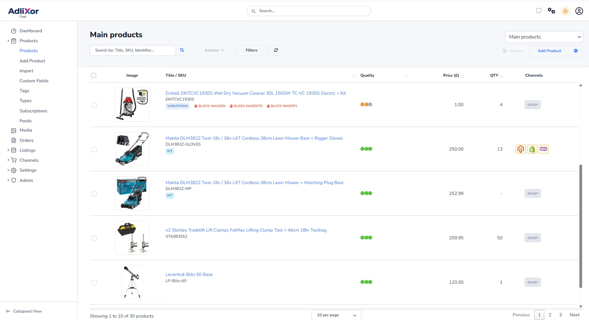 Adlixor Presence product listings dashboard