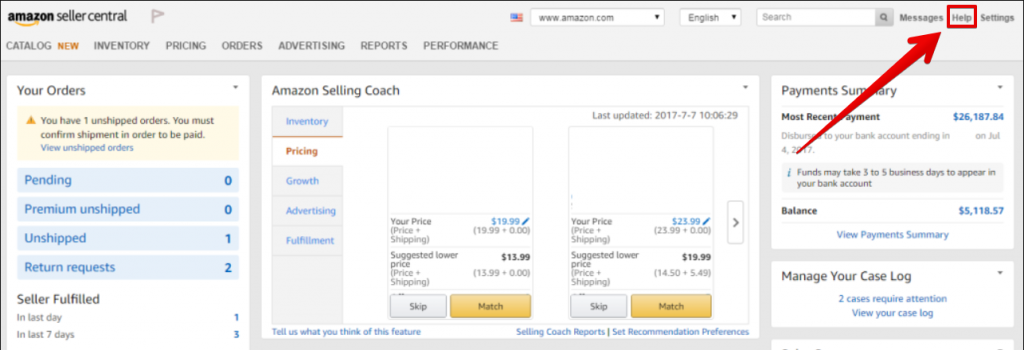 Amazon Seller Central Help button